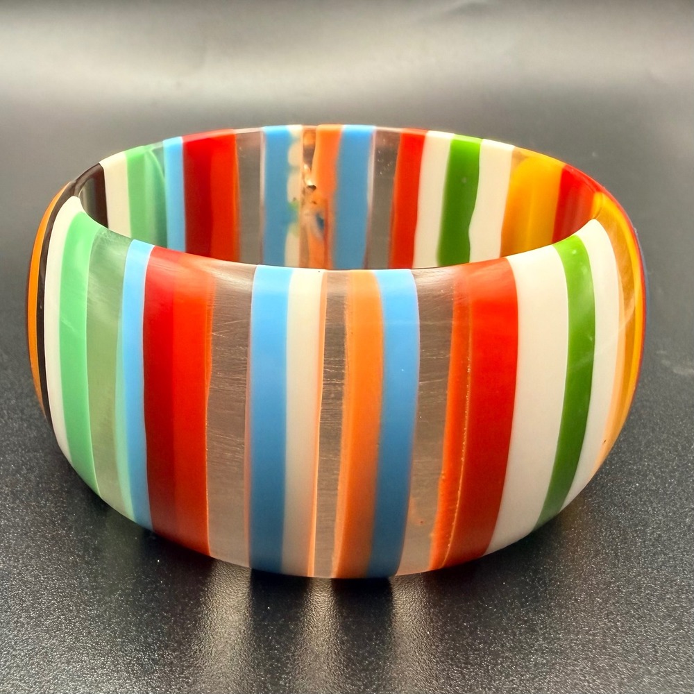 Vintage Bangle Bracelet Multicolor Laminated Striped Bullseye Chunky‎ Acrylic 8 - Picture 9 of 10